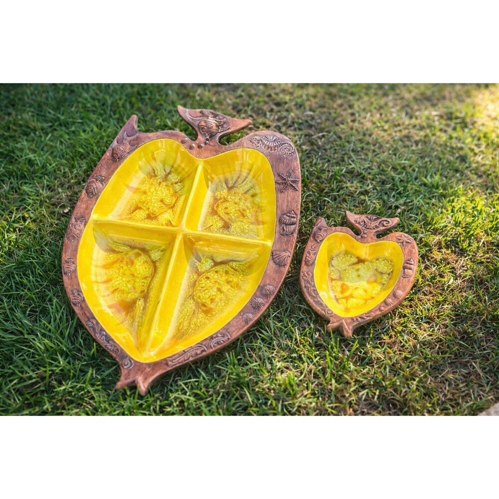 Treasure Craft Yellow Ceramic Divided Leaf Fish Trays “Set of 2, MPN 390 391